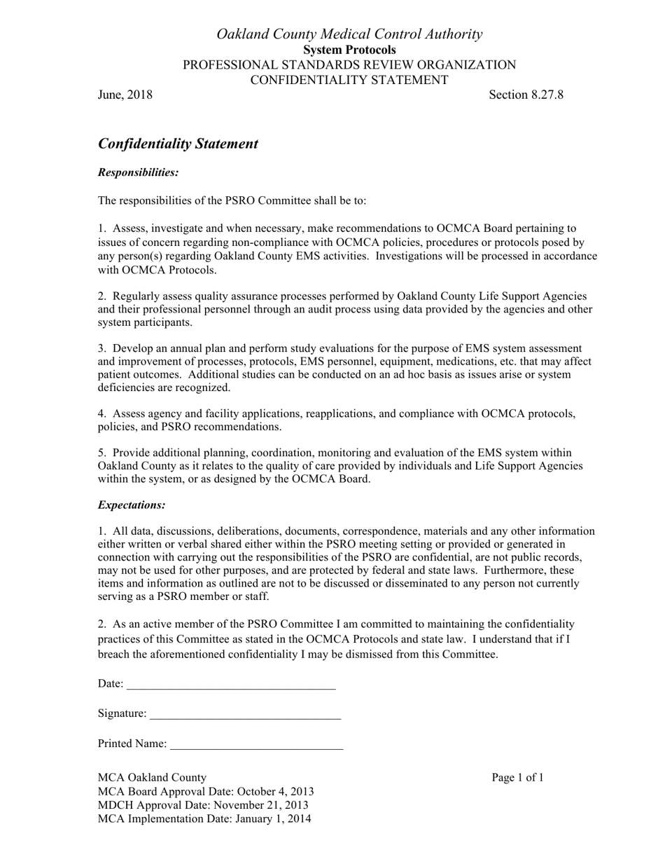 Professional Standards Review Organization Confidentiality Statement - Oakland County, Michigan, Page 1