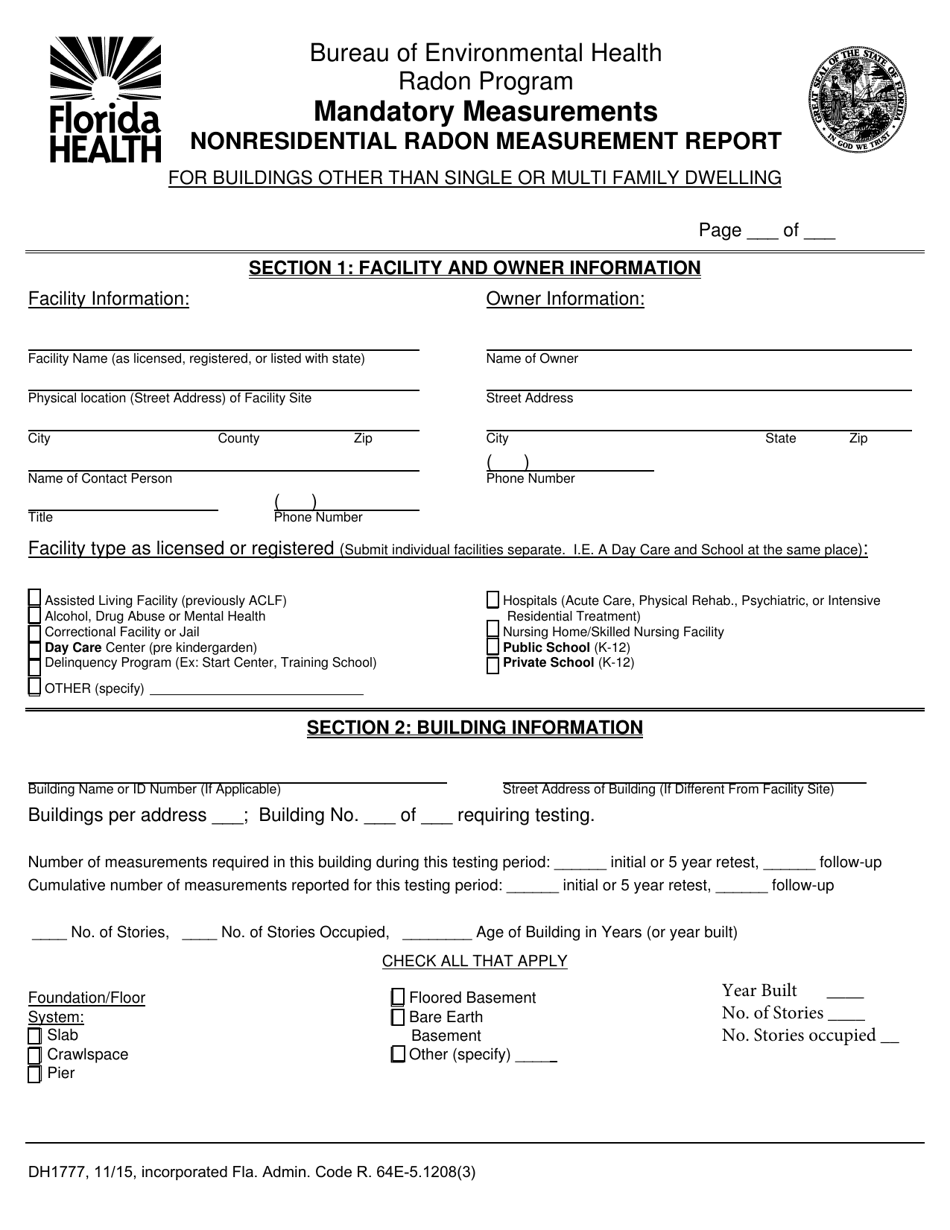 Form DH1777 Mandatory Measurements Nonresidential Radon Measurement Report for Buildings Other Than Single or Multi Family Dwelling - Florida, Page 1