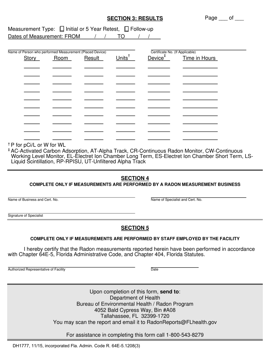 Form DH1777 Mandatory Measurements Nonresidential Radon Measurement Report for Buildings Other Than Single or Multi Family Dwelling - Florida, Page 2