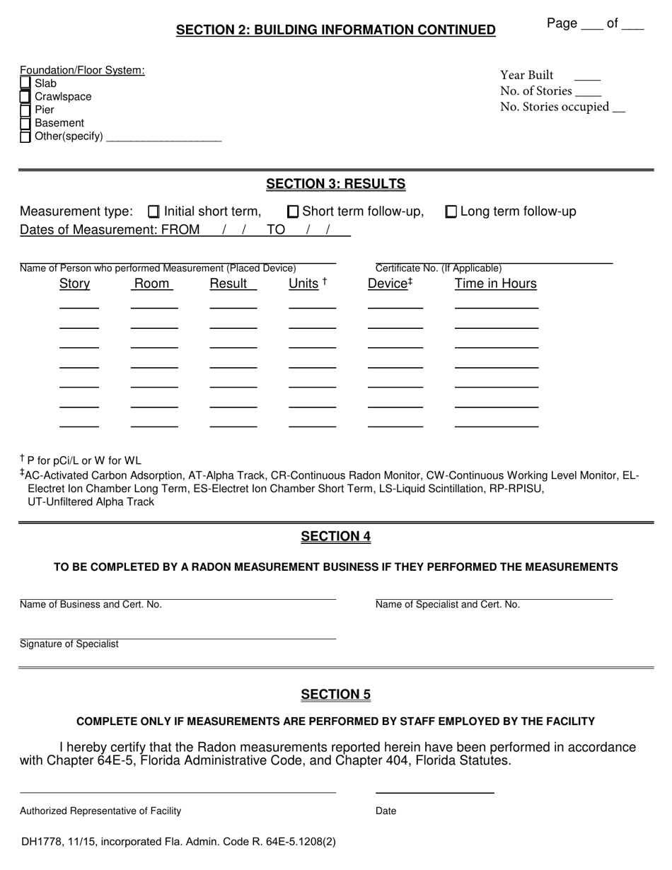 Form DH1778 Mandatory Measurements Residential Radon Measurement Report for Buildings Built as and Used as a Home or Apartment - Florida, Page 2