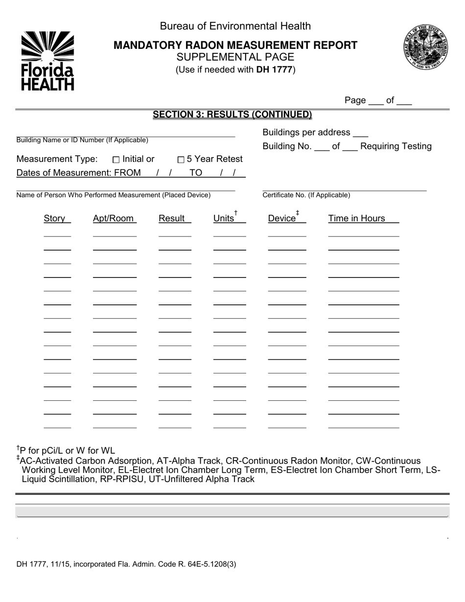 Form DH1777 Mandatory Radon Measurement Report Supplemental Page - Florida, Page 1