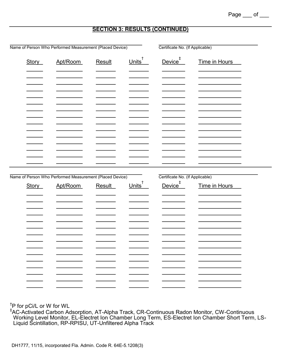 Form DH1777 Mandatory Radon Measurement Report Supplemental Page - Florida, Page 2