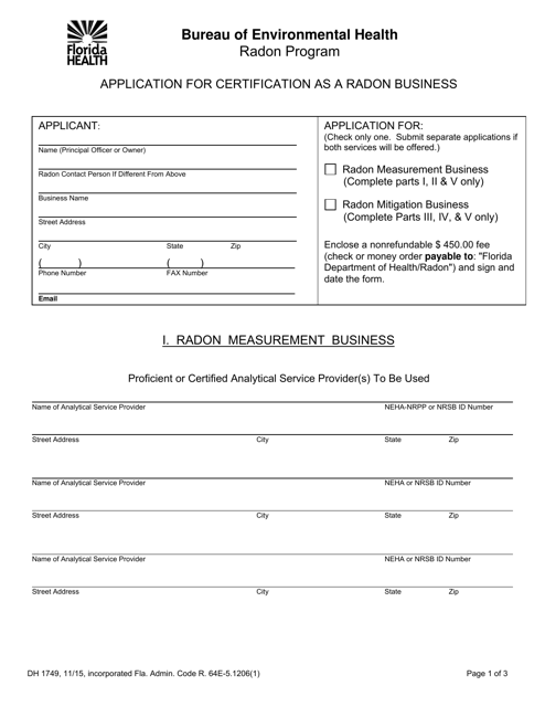 Form DH1749 Application for Certification as a Radon Business - Radon Program - Florida