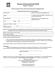 Document preview: Application for Certification Re-examination as Radon Specialist or Technician - Radon Program - Florida