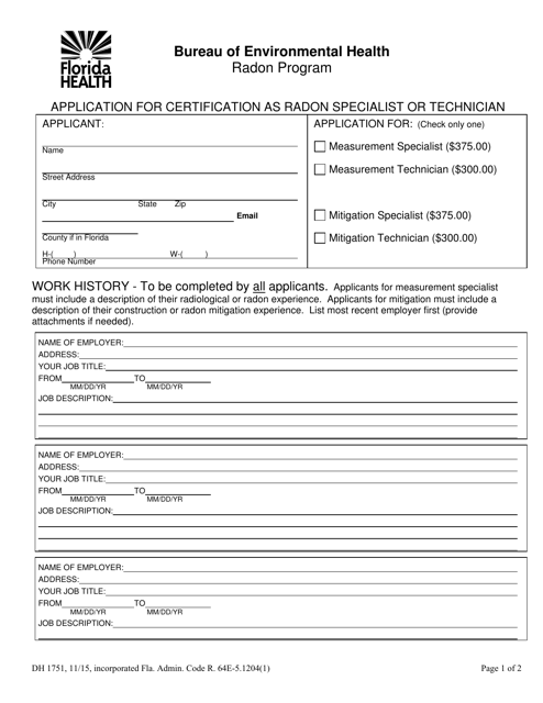 Form DH1751 Application for Certification as Radon Specialist or Technician - Radon Program - Florida