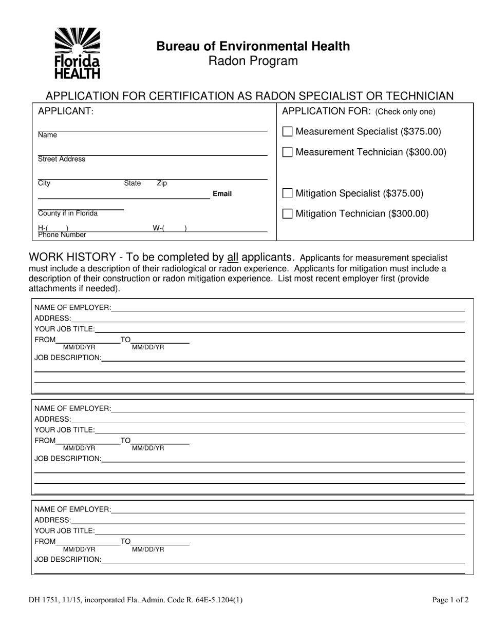 Form DH1751 Application for Certification as Radon Specialist or Technician - Radon Program - Florida, Page 1