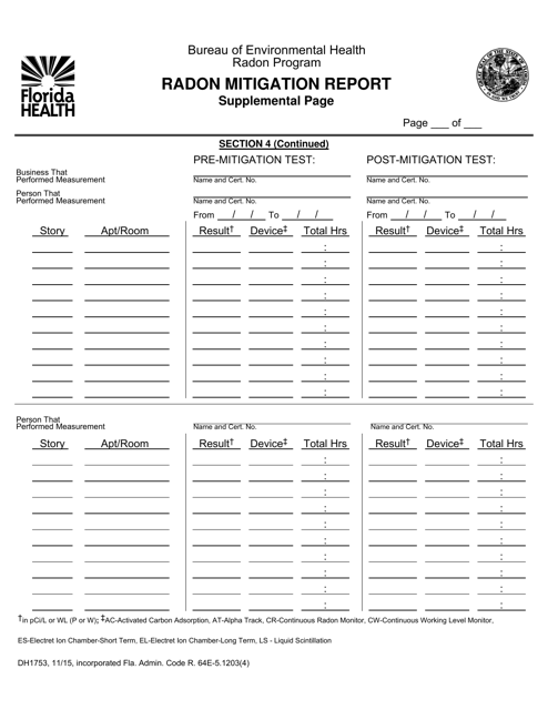 Form DH1753 Radon Mitigation Report Supplemental Page - Florida