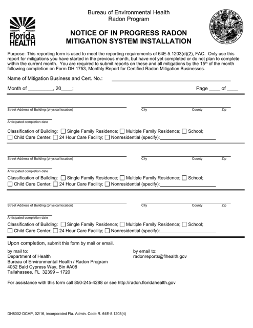 Form DH8002-DCHP Notice of in Progress Radon Mitigation System Installation - Florida