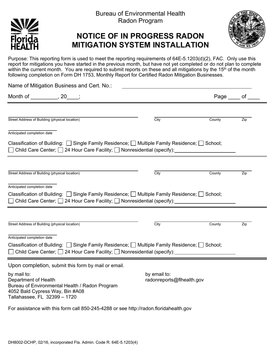 Form DH8002-DCHP Notice of in Progress Radon Mitigation System Installation - Florida, Page 1