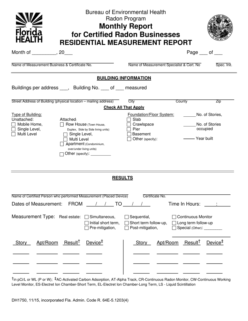 Form DH1750 Monthly Report for Certified Radon Businesses - Residential Measurement Report - Radon Program - Florida, Page 1