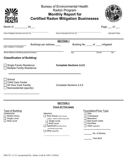 Form DH1753 Monthly Report for Certified Radon Mitigation Businesses - Radon Program - Florida