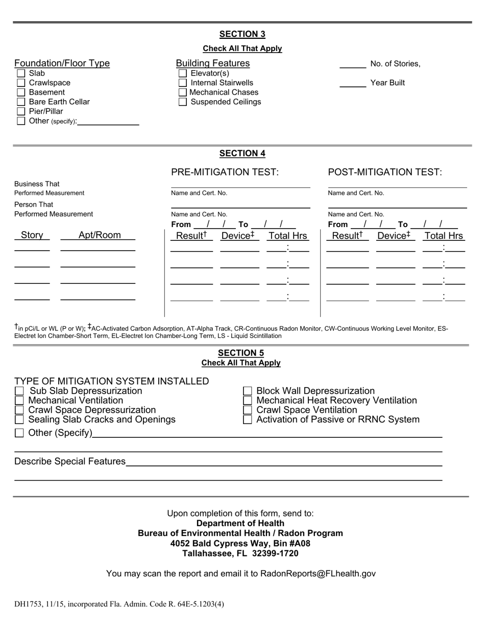 Form DH1753 Monthly Report for Certified Radon Mitigation Businesses - Radon Program - Florida, Page 2