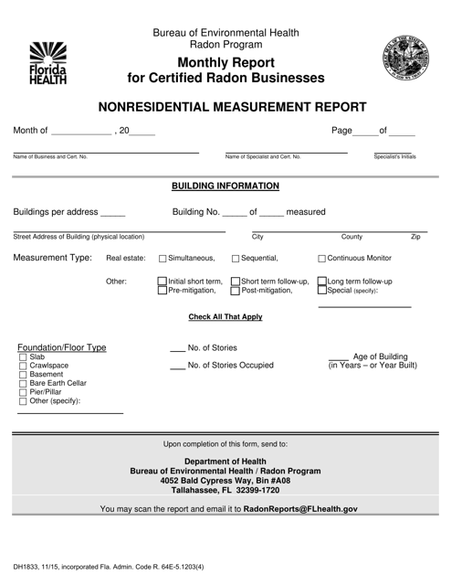 Form DH1833 Monthly Report for Certified Radon Businesses - Nonresidential Measurement Report - Florida
