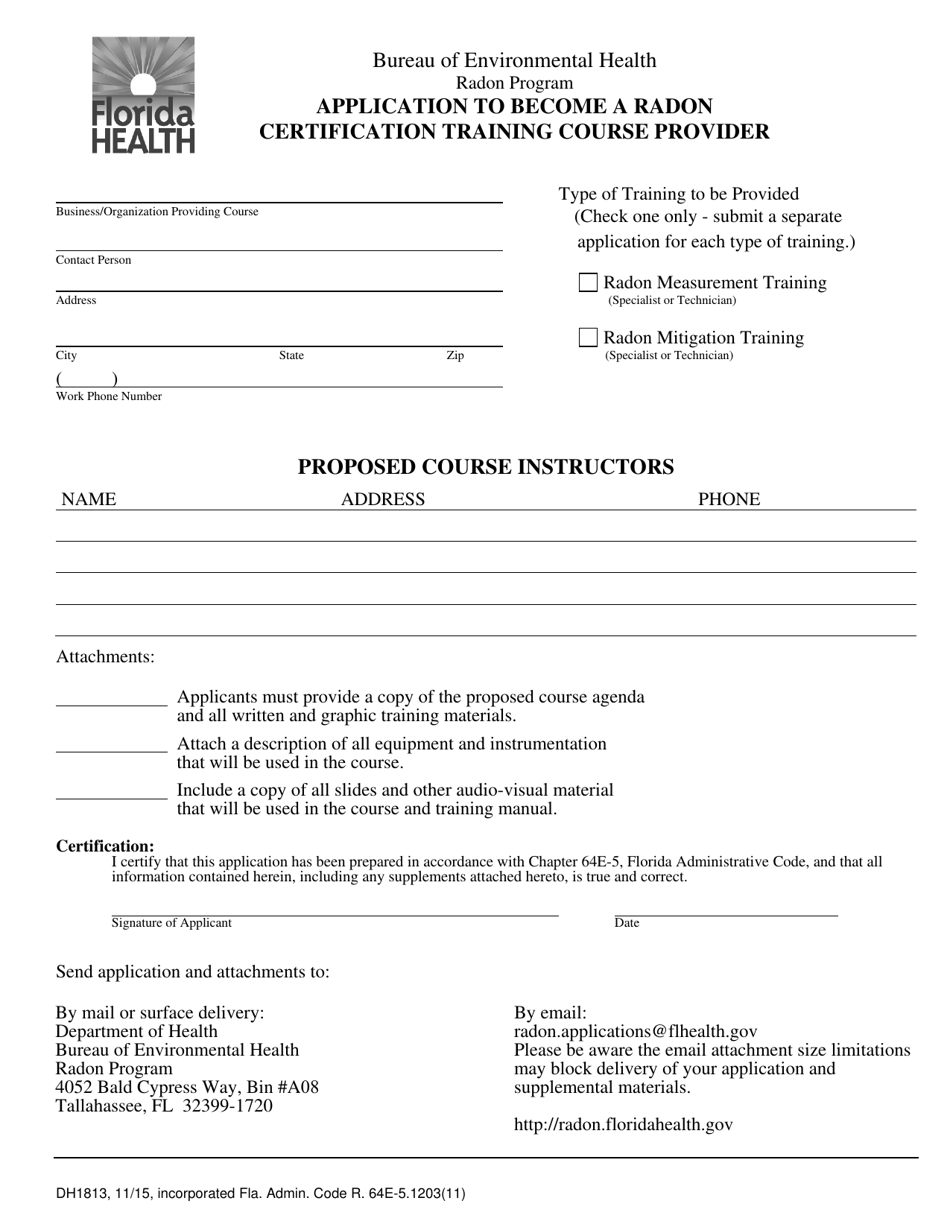 Form DH1813 Application to Become a Radon Certification Training Course Provider - Radon Program - Florida, Page 1