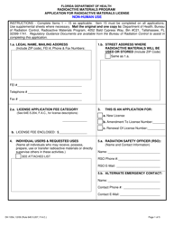 Form DH1054 Application for Radioactive Materials License - Non-human Use - Florida