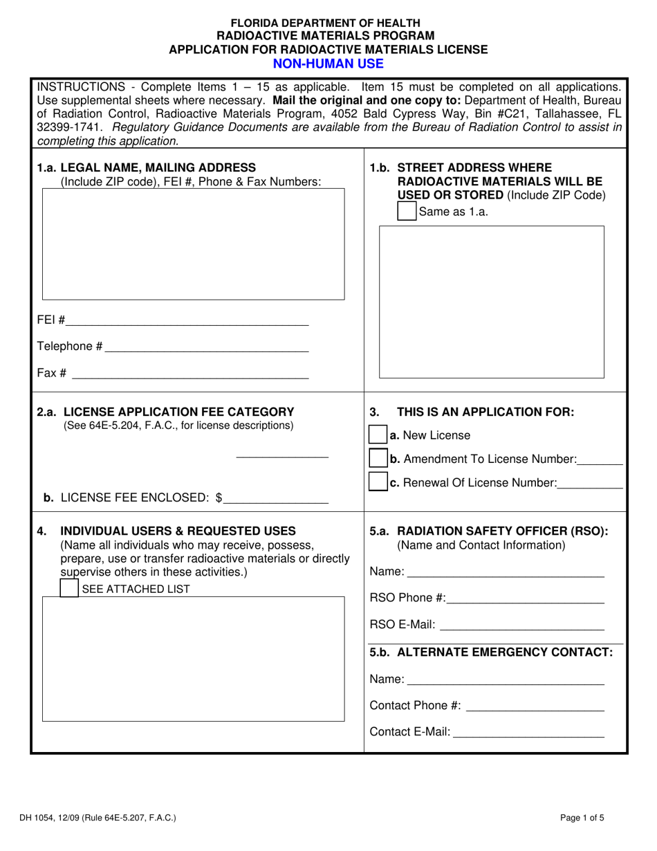 Form DH1054 Application for Radioactive Materials License - Non-human Use - Florida, Page 1