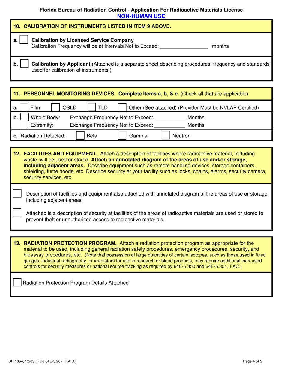 Form DH1054 Application for Radioactive Materials License - Non-human Use - Florida, Page 4