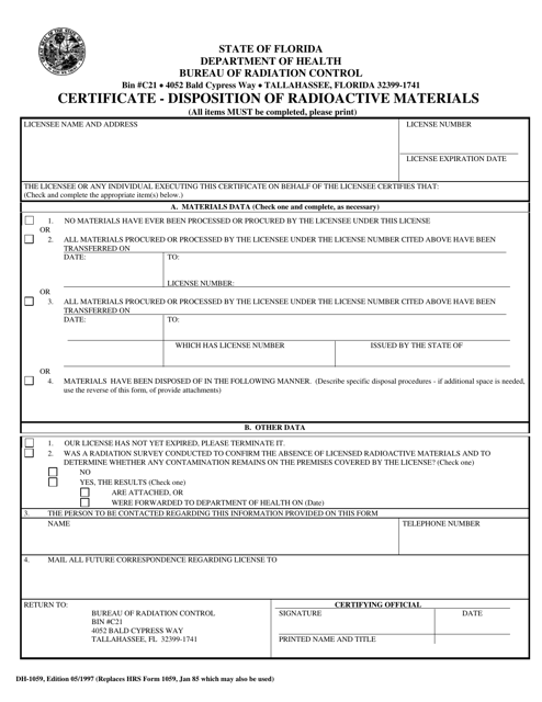 Form DH1059 Certificate - Disposition of Radioactive Materials - Florida