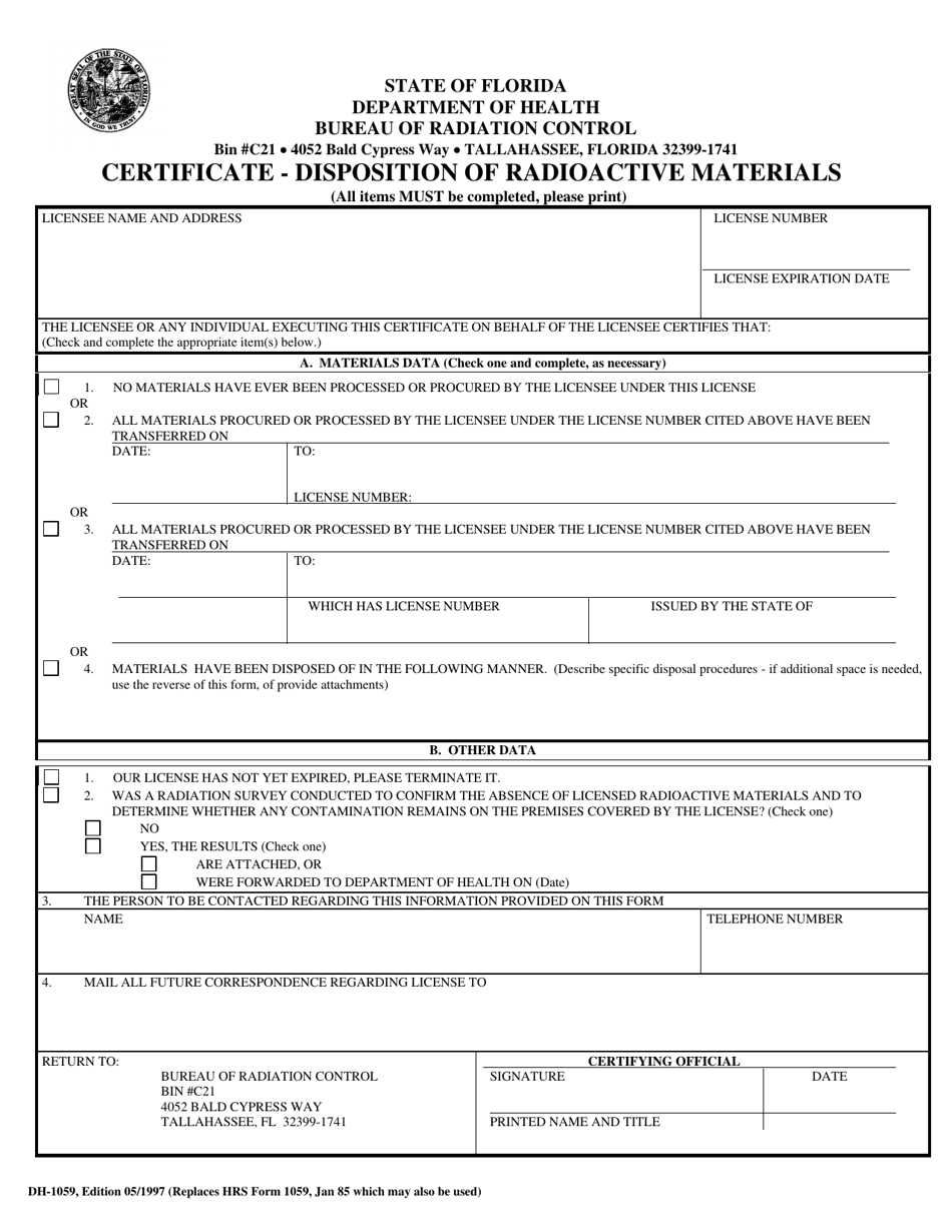 Form DH1059 Certificate - Disposition of Radioactive Materials - Florida, Page 1