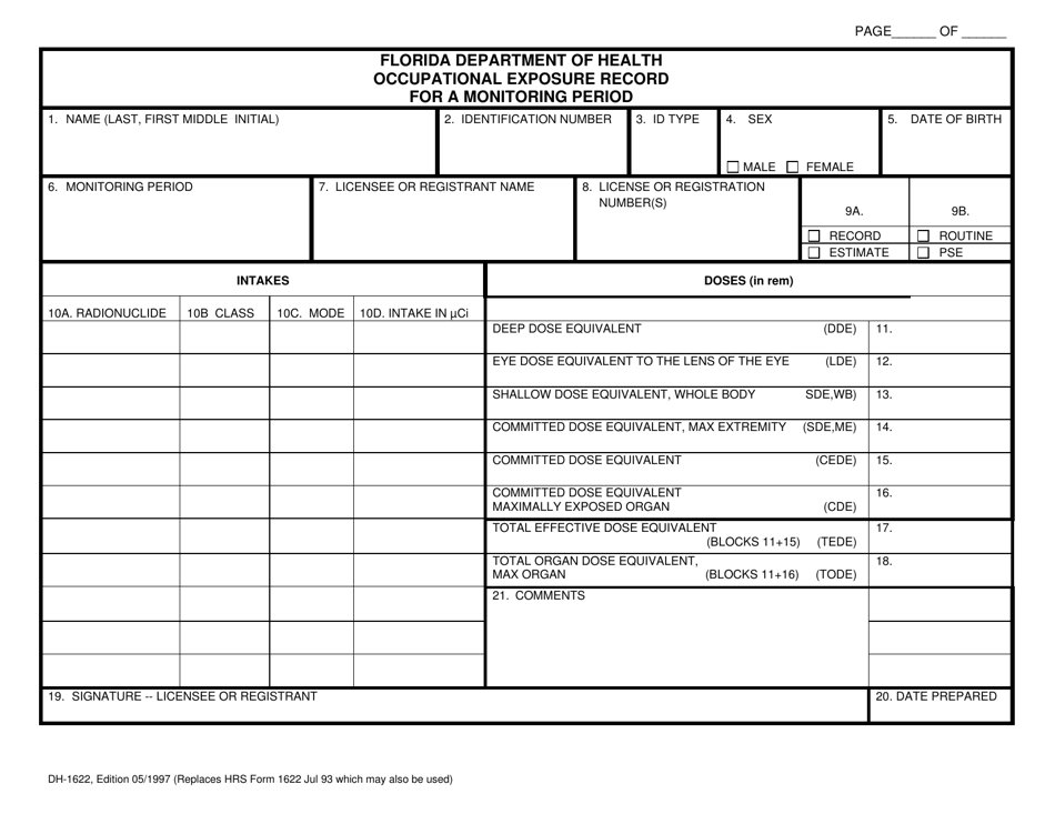 Form DH1622 Occupational Exposure Record for a Monitoring Period - Florida, Page 1
