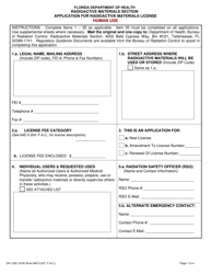 Form DH1322 Application for Radioactive Materials License - Florida