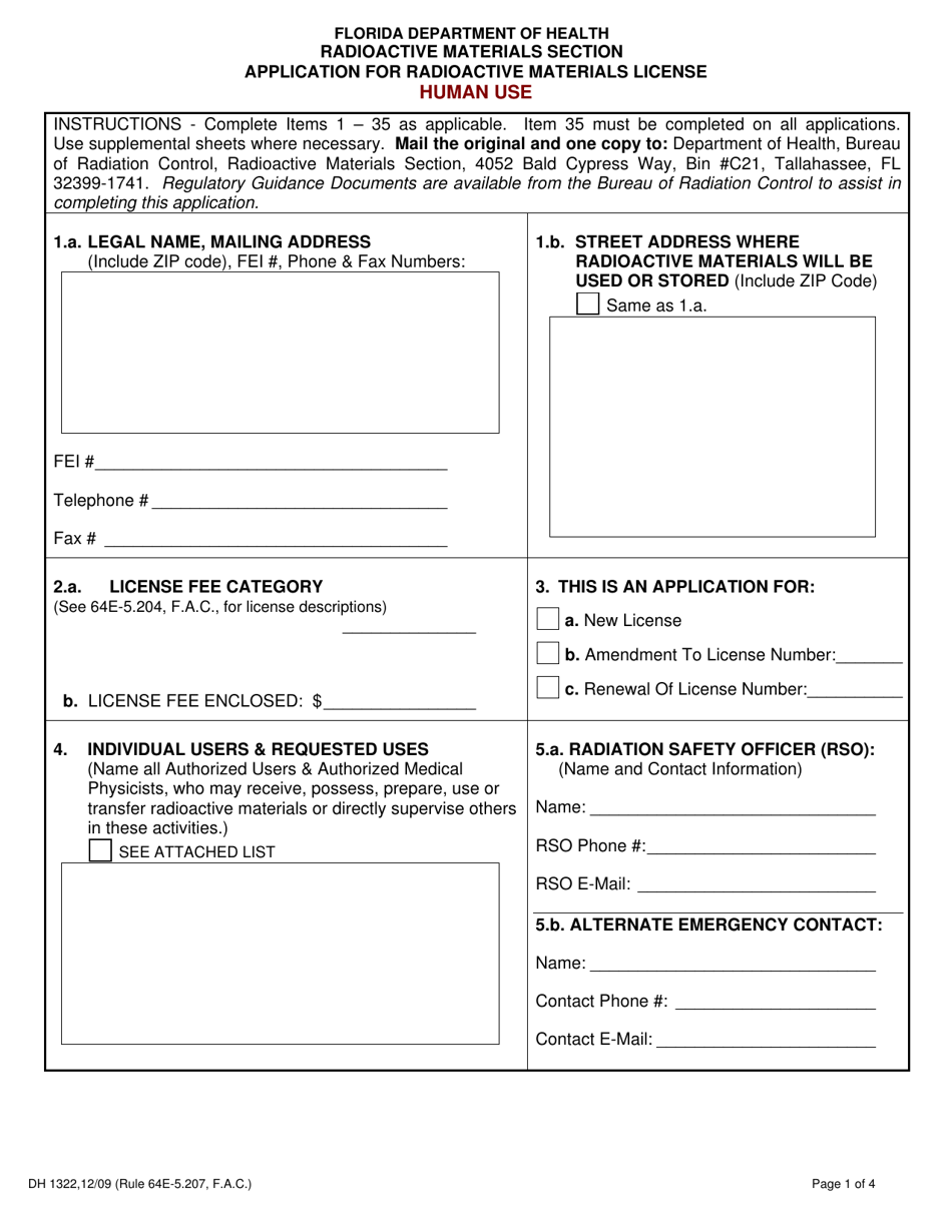 Form DH1322 Application for Radioactive Materials License - Florida, Page 1