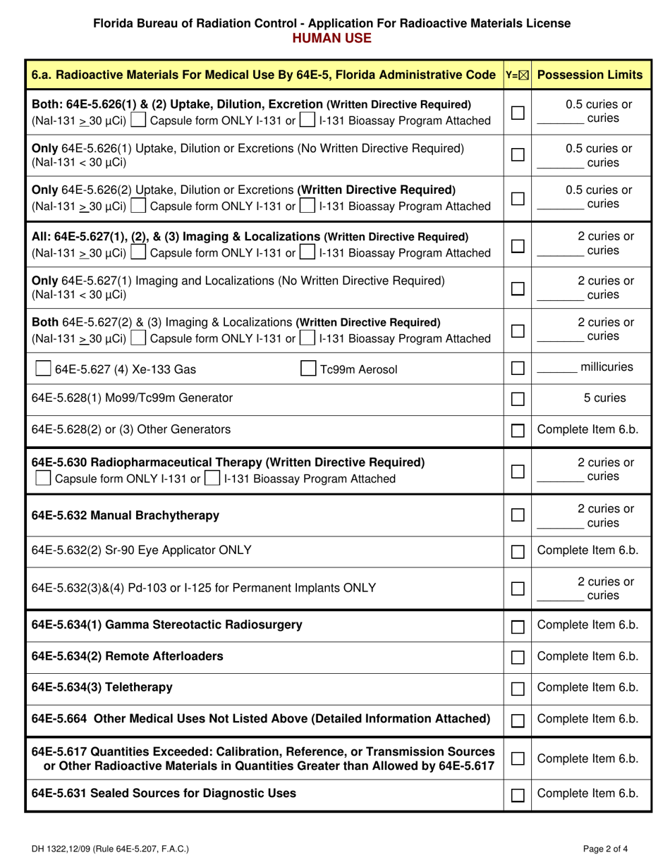 Form DH1322 Application for Radioactive Materials License - Florida, Page 2