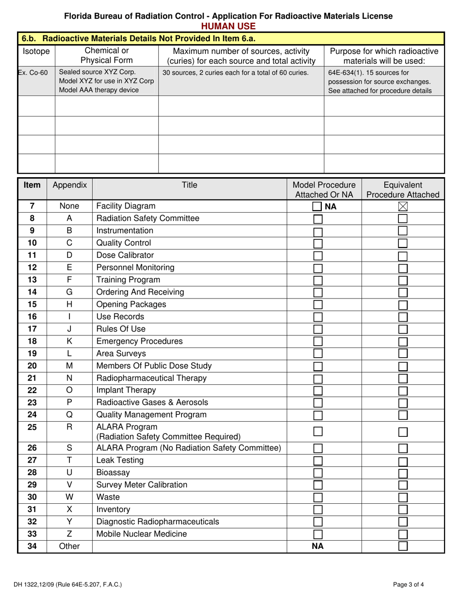 Form DH1322 Application for Radioactive Materials License - Florida, Page 3