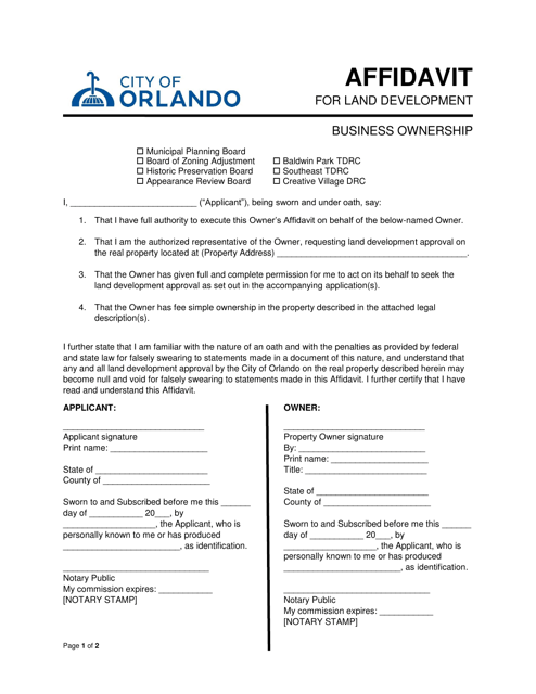 Affidavit for Land Development - Business Ownership - City of Orlando, Florida Download Pdf