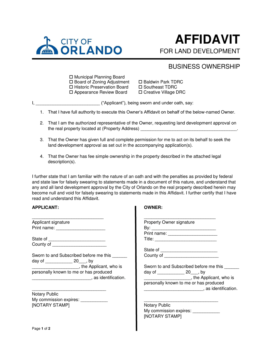 Affidavit for Land Development - Business Ownership - City of Orlando, Florida, Page 1