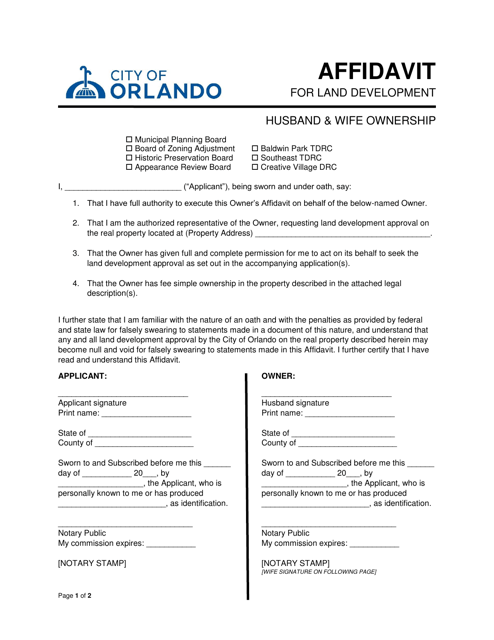 Affidavit for Land Development - Husband & Wife Ownership - City of Orlando, Florida Download Pdf