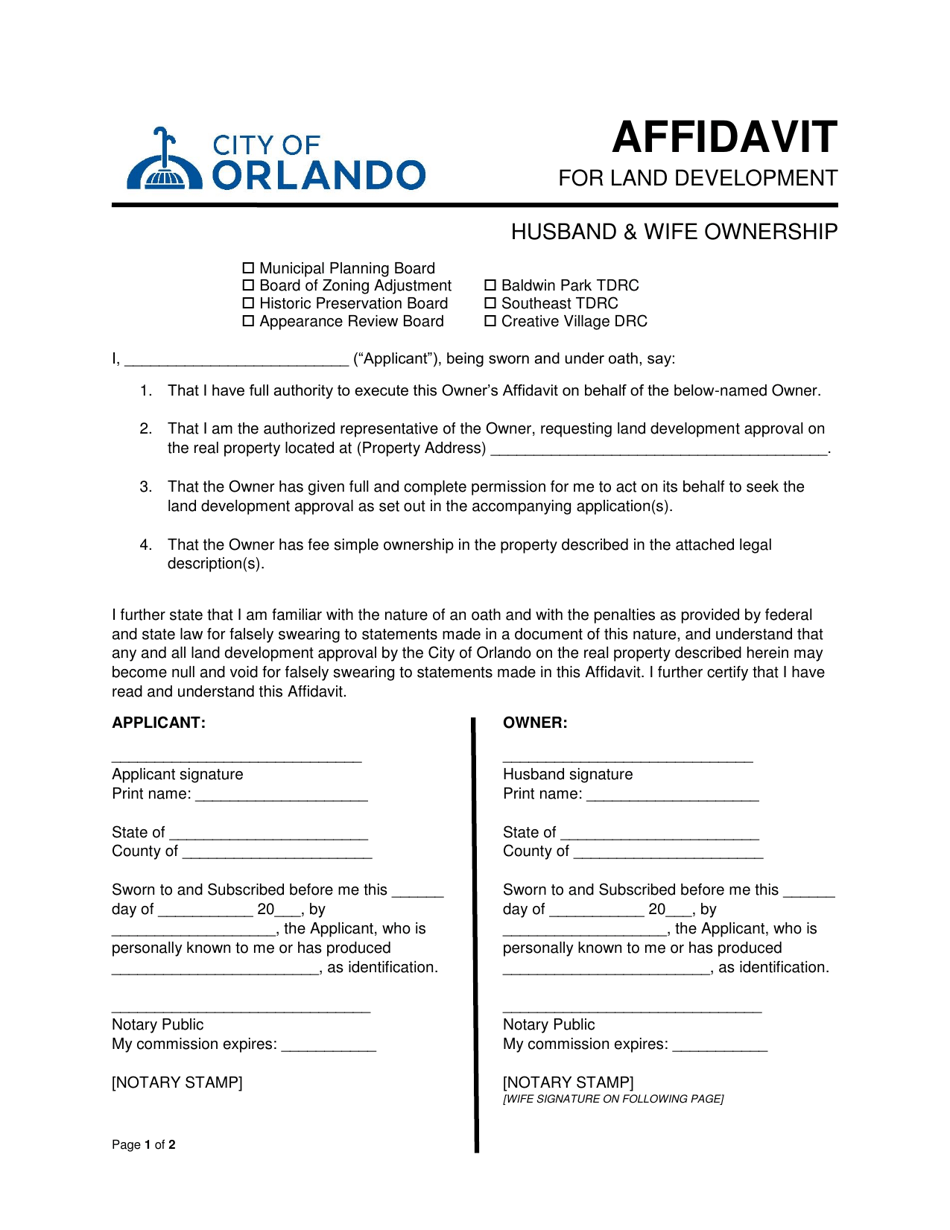 Affidavit for Land Development - Husband  Wife Ownership - City of Orlando, Florida, Page 1