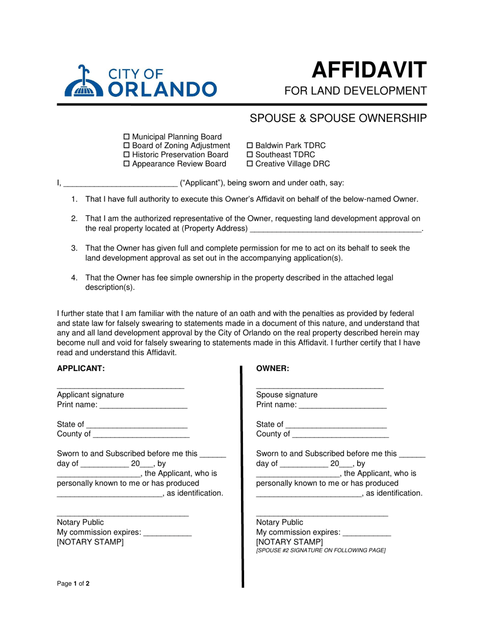 Affidavit for Land Development - Spouse  Spouse Ownership - City of Orlando, Florida, Page 1
