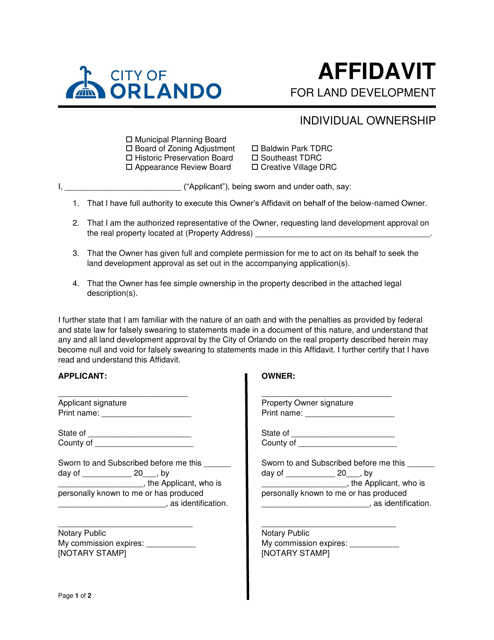 Affidavit for Land Development - Individual Ownership - City of Orlando, Florida Download Pdf