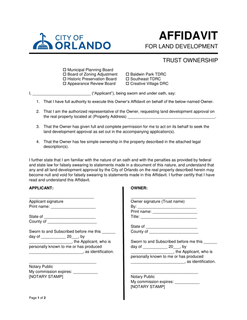 Affidavit for Land Development - Trust Ownership - City of Orlando, Florida