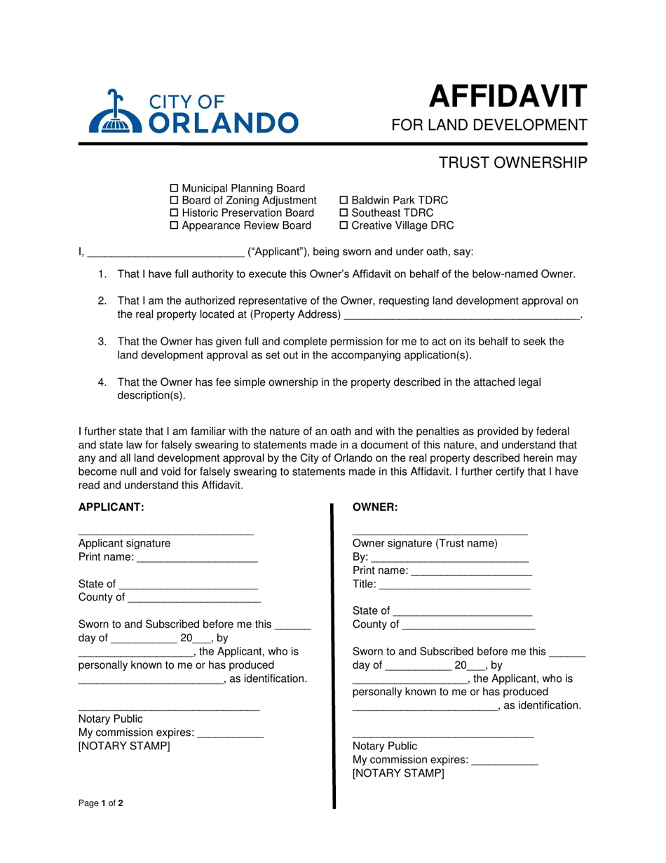 Affidavit for Land Development - Trust Ownership - City of Orlando, Florida, Page 1