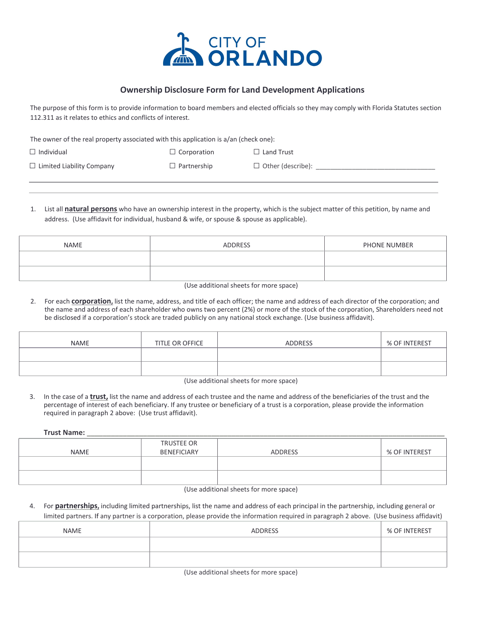Ownership Disclosure Form for Land Development Applications - City of Orlando, Florida Download Pdf