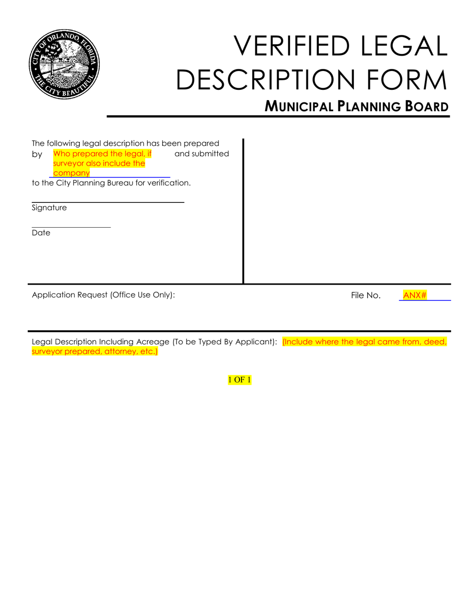 Verified Legal Description Form - City of Orlando, Florida, Page 1