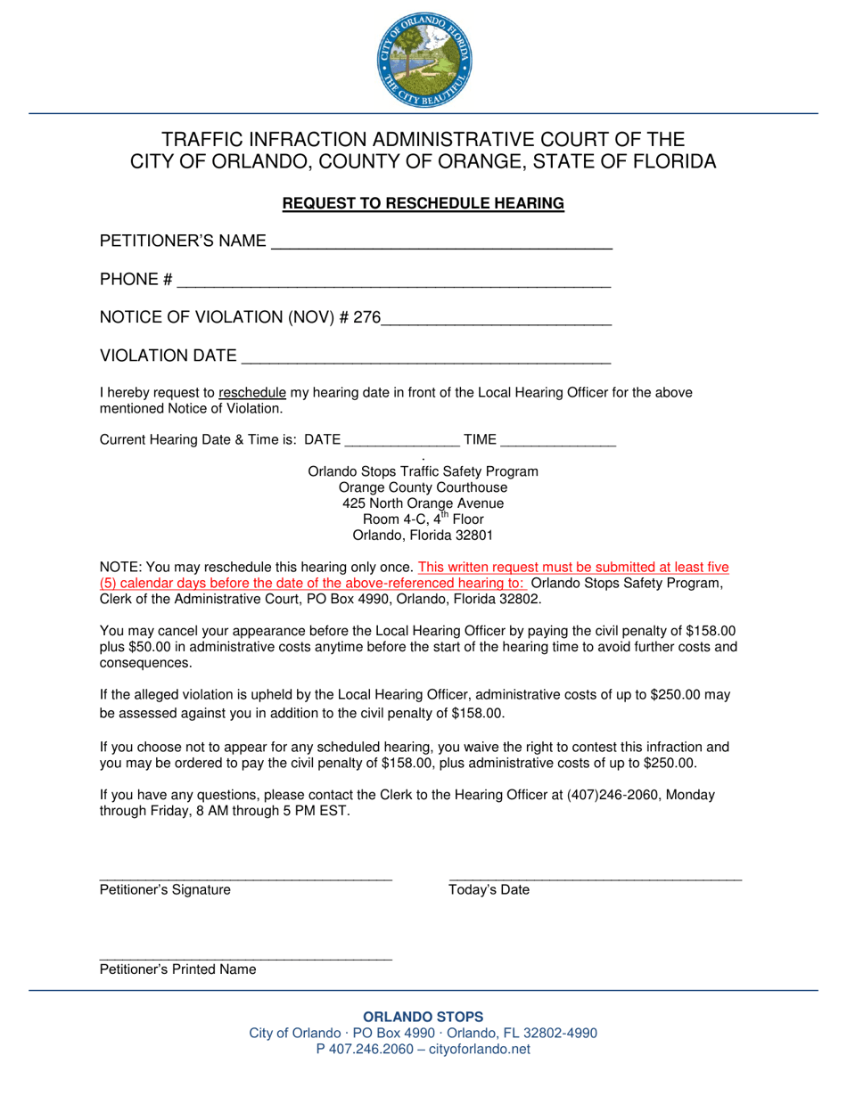 Request to Reschedule Hearing - City of Orlando, Florida, Page 1