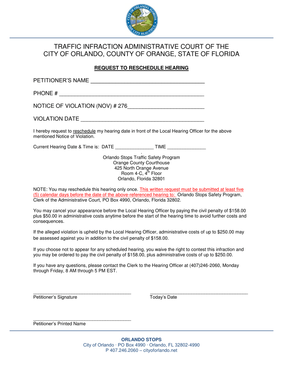 City of Orlando, Florida Request to Reschedule Hearing - Fill Out, Sign ...