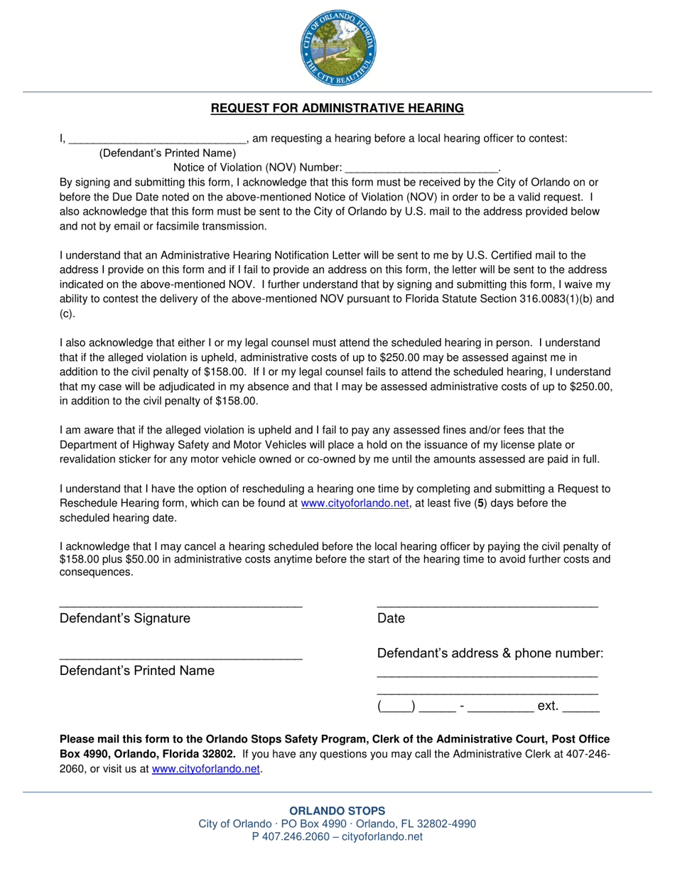 Request for Administrative Hearing - City of Orlando, Florida, Page 1