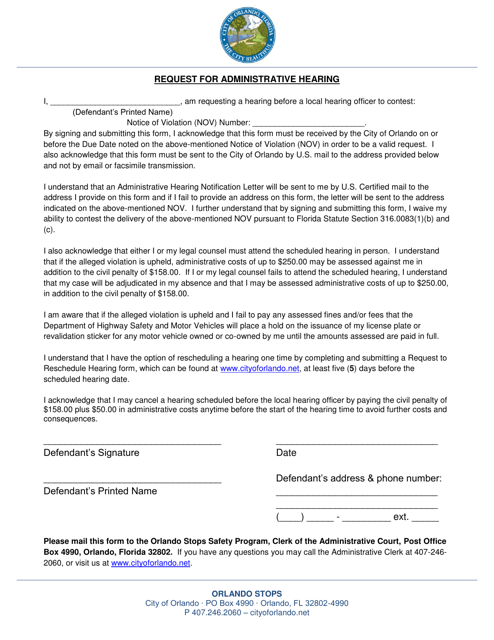 Request for Administrative Hearing - City of Orlando, Florida Download Pdf