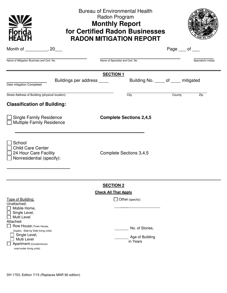 Form DH1753 Monthly Report for Certified Radon Businesses - Radon Mitigation Report - Florida, Page 1