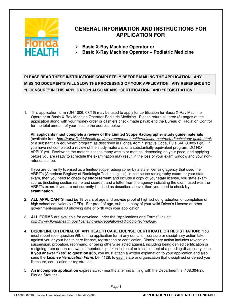 Form DH1006 Application for Certification as a Basic X-Ray Machine Operator or Basic X-Ray Machine Operator - Podiatric Medicine - Florida, Page 1