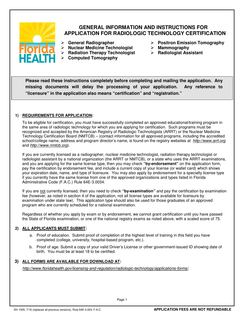 Form DH1005 Application for Radiologic Technology Certification - Florida, Page 1