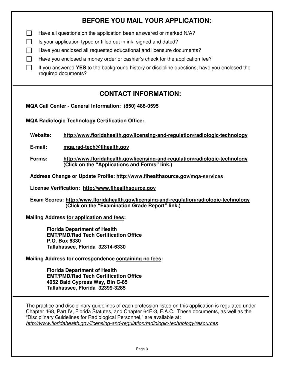 Form DH1005 Application for Radiologic Technology Certification - Florida, Page 3