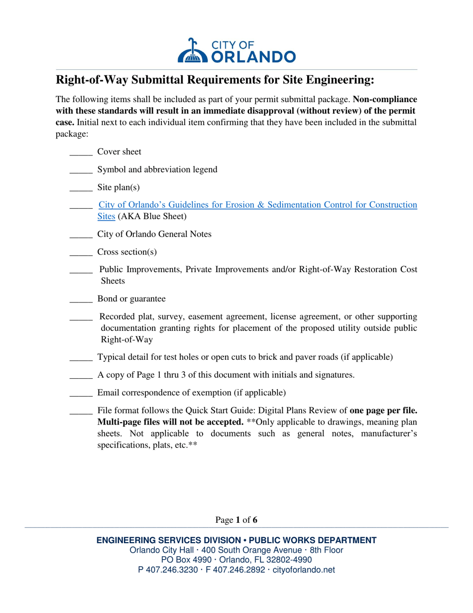 Right-Of-Way Submittal Requirements for Site Engineering - City of Orlando, Florida, Page 1