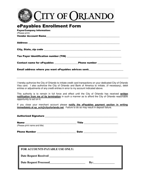 Epayables Enrollment Form - City of Orlando, Florida