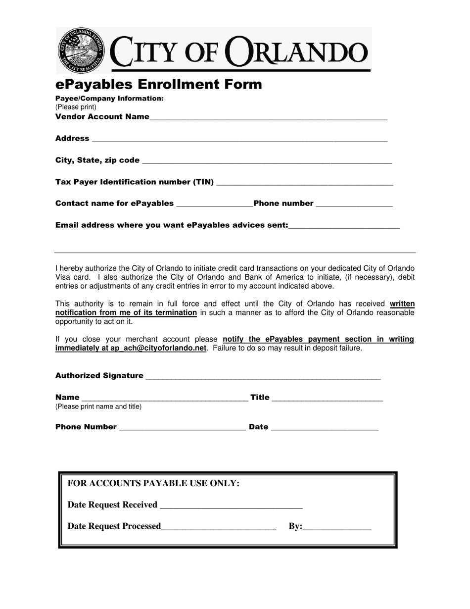 Epayables Enrollment Form - City of Orlando, Florida, Page 1