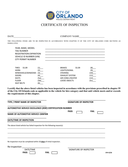 Certificate of Inspection - City of Orlando, Florida